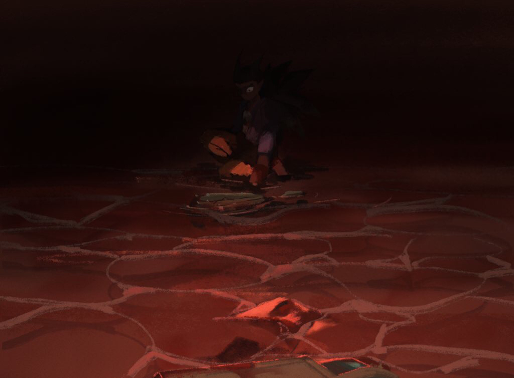 2boys ambiguous_red_liquid backpack bag club_(weapon) commentary_request dragon_quest dragon_quest_builders_2 gloves hair_horns implied_death implied_murder low_light male_builder_(dqb2) male_focus multiple_boys neckerchief one_eye_in_shadow orange_pants pants red_gloves red_neckerchief scene_reference sidoh_(dqb2) sitting spiked_hair spoilers tftf649e traumatized unworn_neckerchief weapon wide-eyed