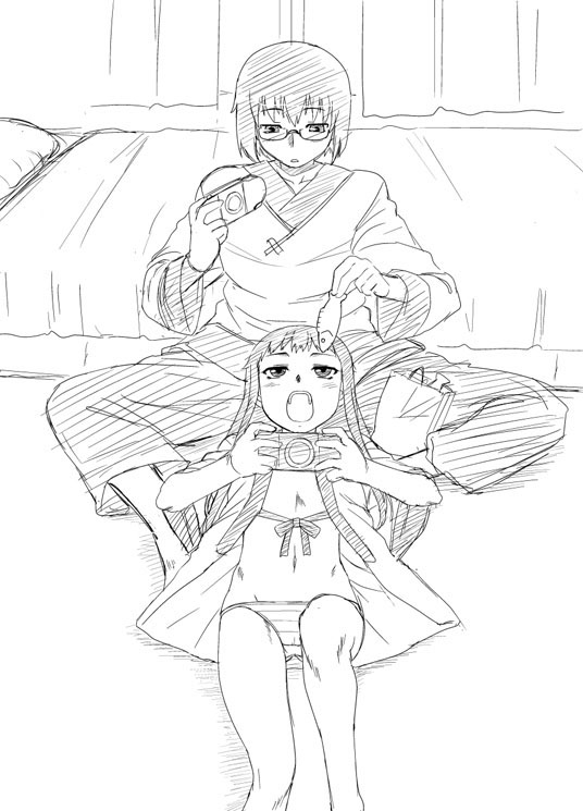 1boy 1girl ar_tonelico ar_tonelico_ii black_hair chroah_vatel commentary_request dr.p fish flat_chest glasses greyscale groin handheld_game_console indoors jakuri_(ar_tonelico) long_hair monochrome open_mouth panties playstation_portable sitting striped_clothes striped_panties underwear