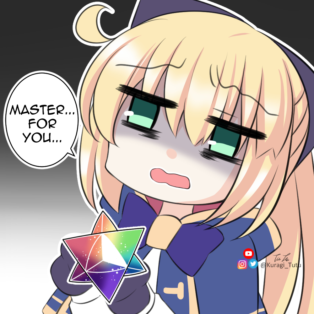 1girl artist_name artoria_caster_(fate) artoria_pendragon_(fate) blonde_hair blue_cape cape commentary deformed english_commentary english_text fate/grand_order fate_(series) green_eyes instagram_logo kuragi_tutu long_hair open_mouth ponytail saint_quartz_(fate) solo speech_bubble twitter_logo twitter_username youtube_logo