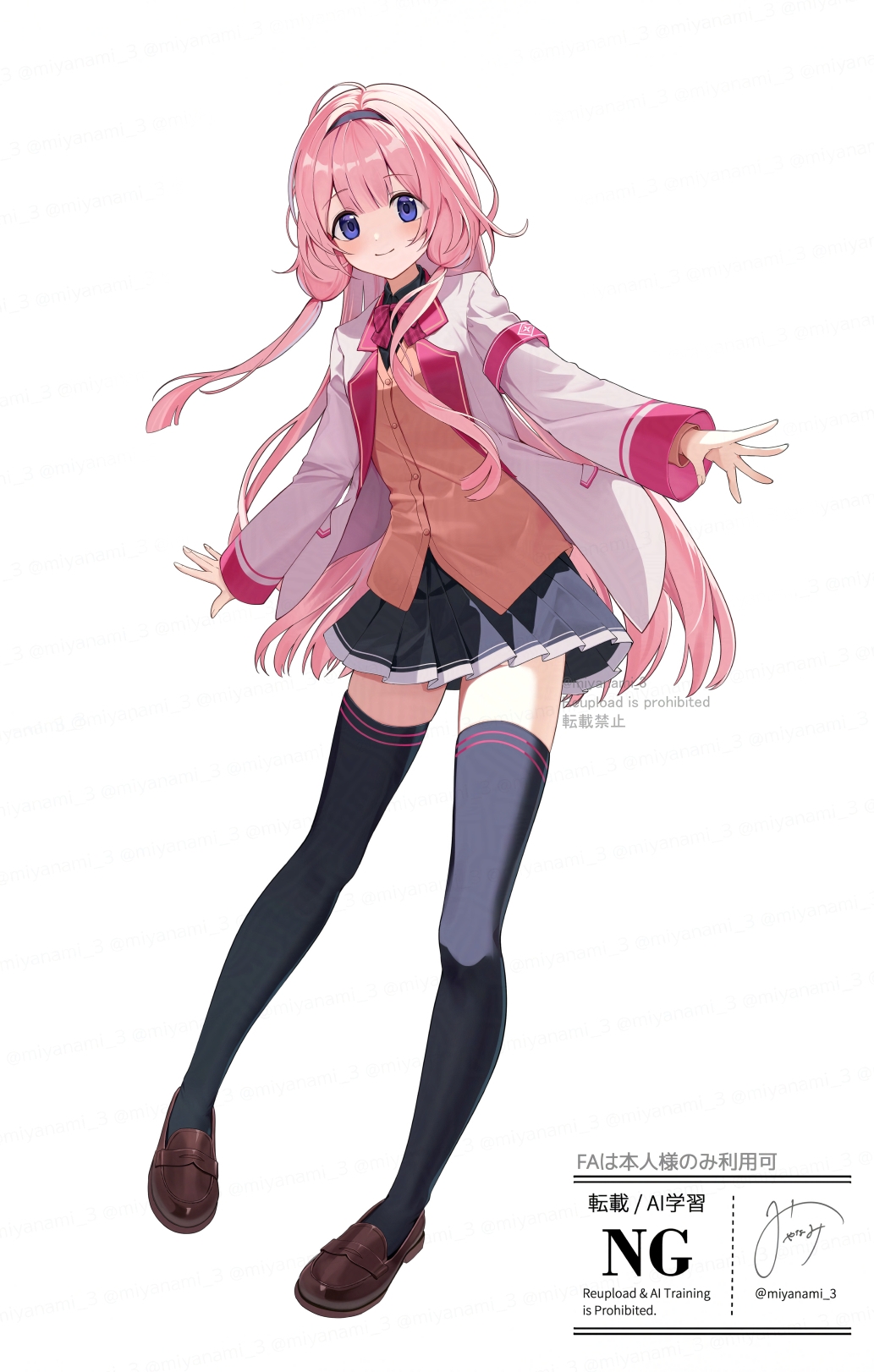 1girl armband black_skirt black_thighhighs bow bowtie brown_shoes closed_mouth full_body highres jacket loafers long_hair long_sleeves looking_at_viewer miyanami_3 nijisanji open_clothes open_jacket pink_armband pink_bow pink_bowtie pink_hair shoes simple_background skirt smile solo standing suo_sango thighhighs virtual_youtuber white_background white_jacket