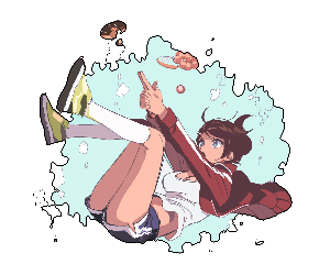 1girl alpha_transparency asahina_aoi blue_eyes blue_shorts breasts brown_hair cleavage commentary_request danganronpa:_trigger_happy_havoc danganronpa_(series) dark-skinned_female dark_skin dg_xhs donut finger_gun food full_body green_shoes jacket kneehighs korean_commentary large_breasts long_sleeves lowres outstretched_arms own_hands_together pixel_art red_jacket shirt shoes short_hair shorts sneakers socks solo track_jacket white_shirt white_socks