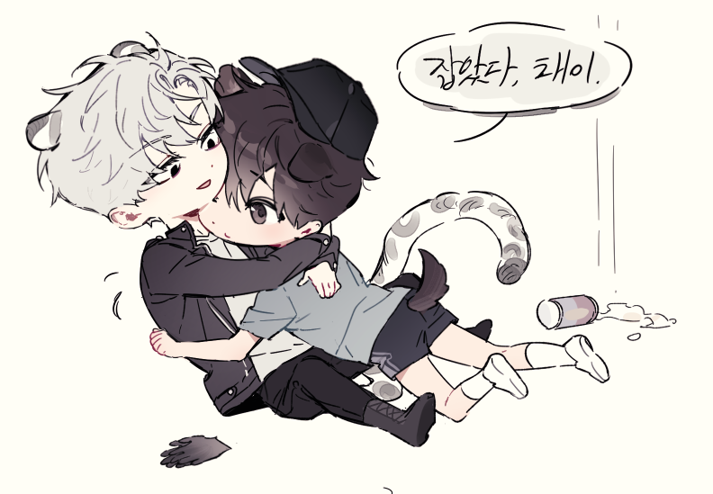 animal_ears baseball_cap black_eyes black_footwear black_hair black_hat black_jacket black_pants dog_boy dog_ears dog_tail full_body grey_hair hat ilay_riegrow jacket jeong_taeui jinsimpunch korean_text long_sleeves pants passion_(manhwa) short_hair simple_background snow_leopard_boy snow_leopard_ears snow_leopard_tail speech_bubble tail translation_request white_background