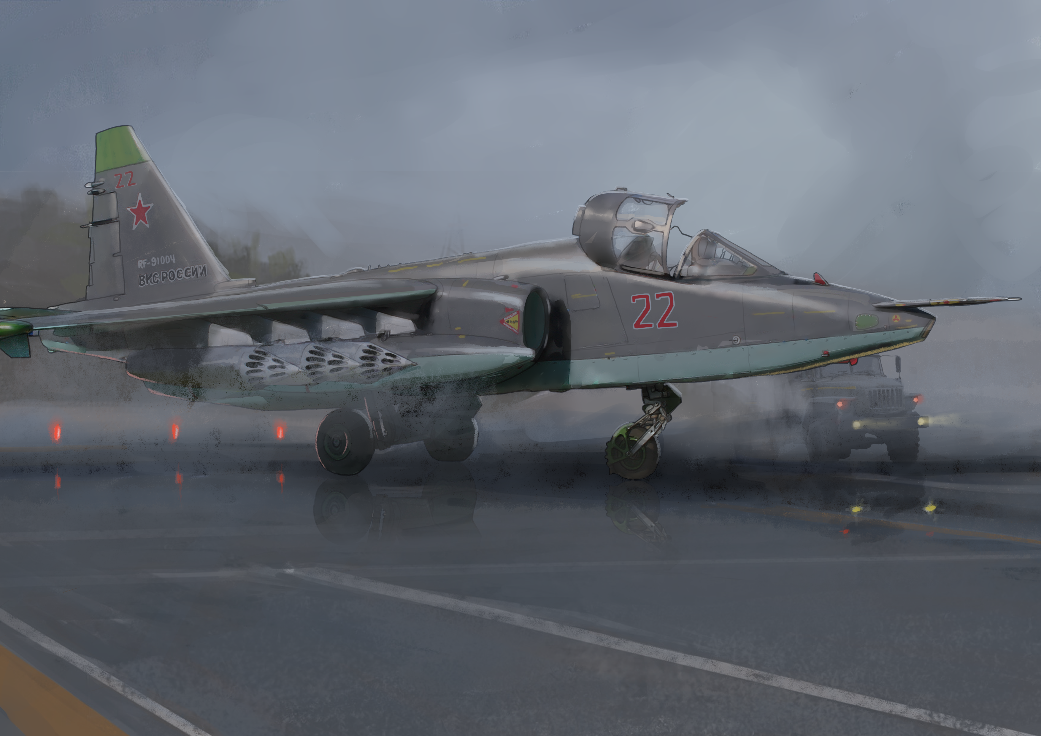 absurdres aircraft airplane fighter_jet fog highres military_vehicle motor_vehicle open_cockpit original red_star rocket_pod runway runway_lights russian_text star_(symbol) su-25 truck vehicle_focus yukikaze_supersylph