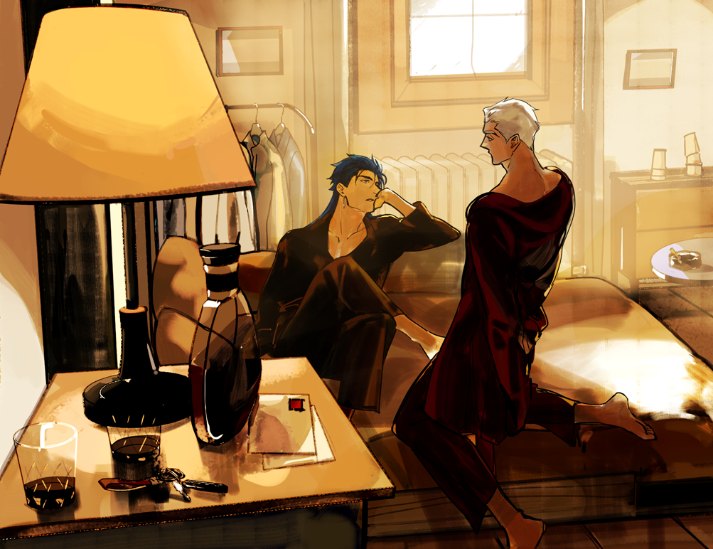 2boys archer_(fate) ashtray barefoot bed blue_hair bottle car_keys cigarette clothes_hanger collarbone commentary crimo cu_chulainn_(fate) earrings envelope fate/stay_night fate_(series) glass indoors jewelry lamp looking_at_another male_focus multiple_boys radiator sitting table wooden_floor