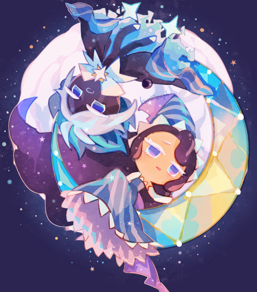 1boy 1girl black_hair blue_background blue_dress blue_eyes chibi chibi_only colored_skin commentary_request cookie_run cookie_run:_kingdom crescent_moon dress hat kanaizu_yh long_hair moon moonlight_cookie official_style short_hair star_(sky) star_(symbol) stardust_cookie very_long_hair white_hair