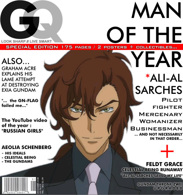 ali_al-saachez cover english_text fake_magazine_cover formal_clothes gundam gundam_00 magazine_(object) magazine_cover male_focus necktie parody solo suit