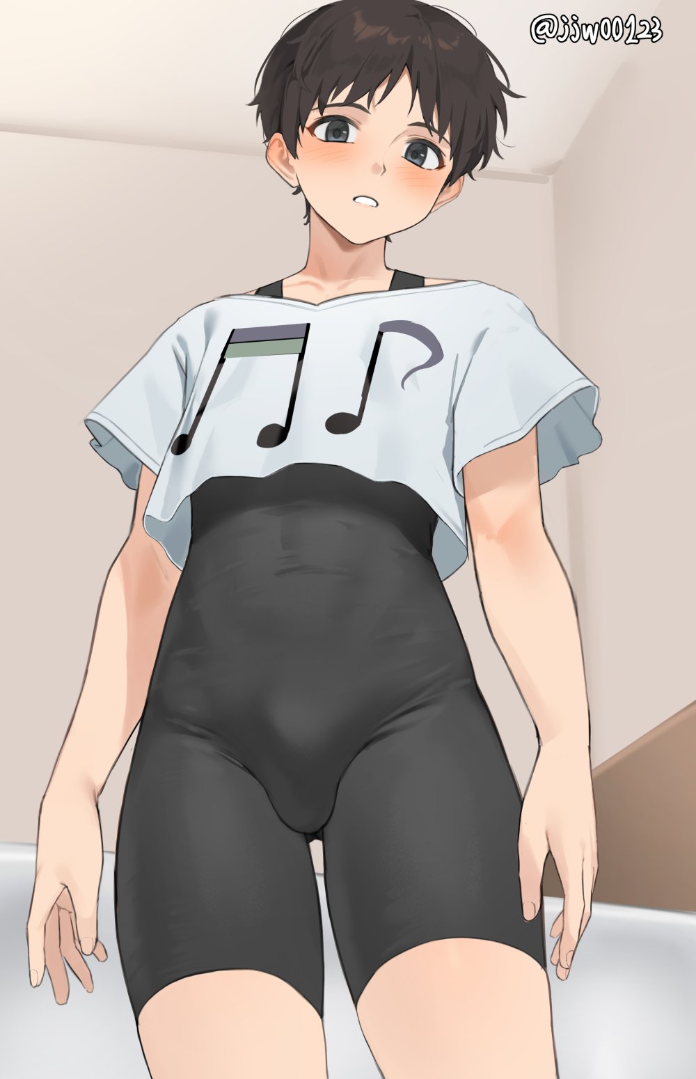 1boy blush bulge crop_top g1_(jjw00123) highres ikari_shinji male_focus musical_note neon_genesis_evangelion official_alternate_costume parted_lips solo twitter_username unitard