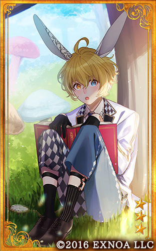 1boy :o ahoge alice_in_wonderland animal_ears argyle_clothes argyle_pants black_gloves black_necktie black_pants black_socks blonde_hair blue_eyes blue_pants book brown_shoes bungou_to_alchemist card_(medium) collared_shirt copyright_notice cosplay cross-laced_footwear day gloves hair_between_eyes heterochromia holding holding_book jacket knees_up lapels legwear_garter lewis_carroll_(bungou_to_alchemist) long_sleeves looking_at_viewer lowres mismatched_pants momoiro_oji mushroom necktie notched_lapels official_art on_grass open_book outdoors pants pinstripe_legwear pinstripe_pattern pocket_watch rabbit_boy rabbit_ears shirt shoes short_hair sitting socks tree two-tone_pants under_tree watch white_jacket white_pants white_rabbit_(alice_in_wonderland) white_rabbit_(alice_in_wonderland)_(cosplay) white_shirt yellow_eyes