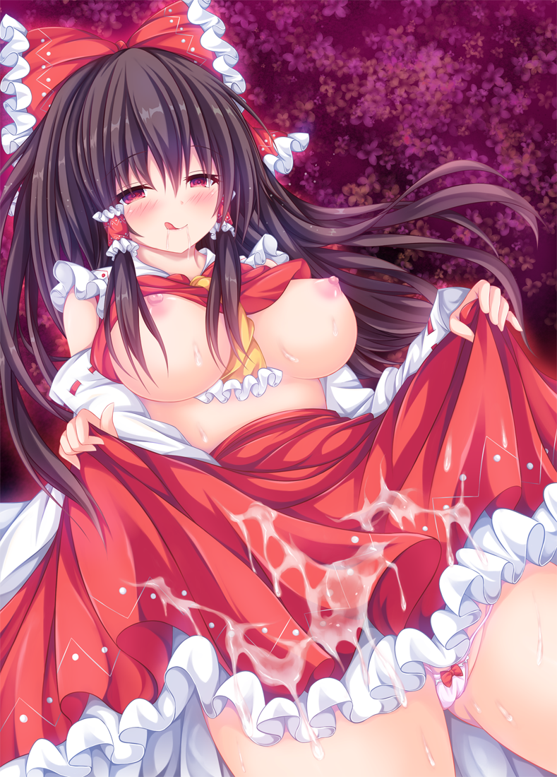 1girl :q ascot blush bow breasts brown_hair clothes_lift commentary_request cum_on_skirt detached_sleeves drooling frilled_bow frilled_hair_tubes frilled_skirt frills hair_bow hair_tubes hakurei_reimu lifting_own_clothes long_hair looking_at_viewer manma_(manmamia) nipples panties pink_panties red_bow red_eyes red_skirt ribbon-trimmed_sleeves ribbon_trim saliva shirt_lift skirt skirt_lift skirt_set solo tongue tongue_out touhou underwear yellow_ascot