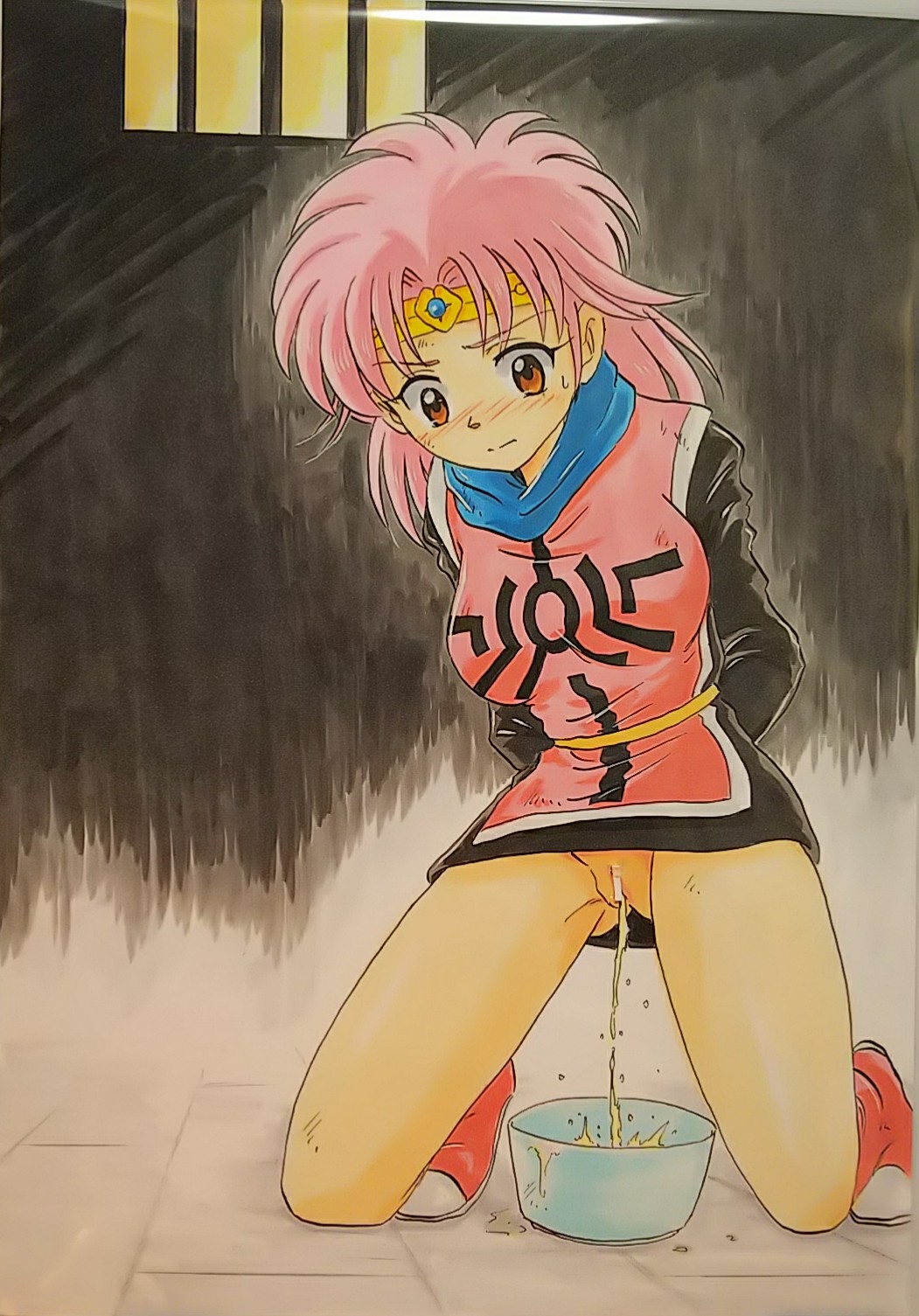 1girl ashigaki_radar bar_censor bdsm blush bondage boots bound bound_arms bowl breasts brown_eyes censored dragon_quest dragon_quest_dai_no_daibouken dress highres kneeling large_breasts long_hair long_sleeves looking_down maam no_panties peeing pink_dress pink_footwear pink_hair princess prison puddle pussy square_enix sweat tiara wall