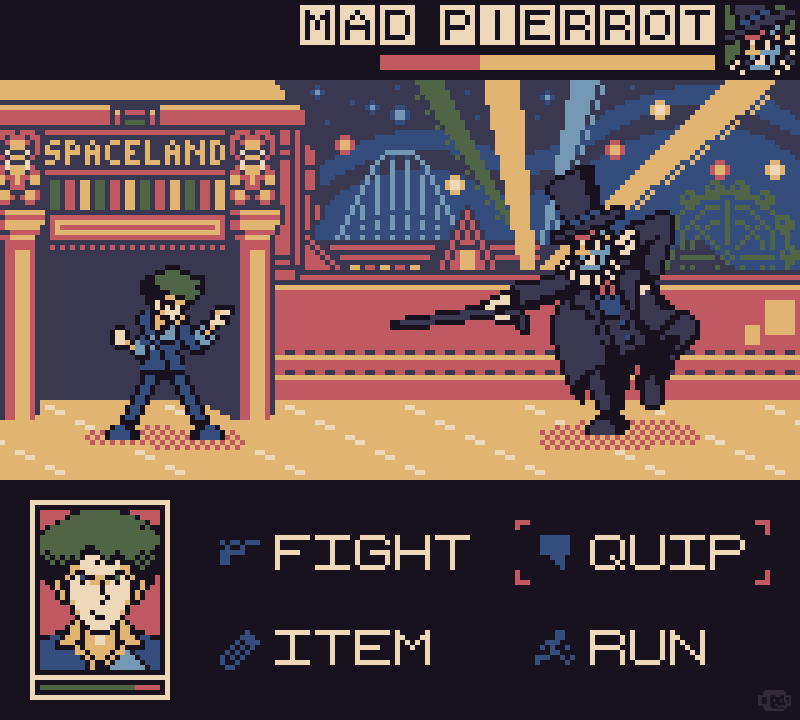 cowboy_bebop fake_screenshot green_hair hat mad_pierrot pixel_art roller_coaster spike_spiegel