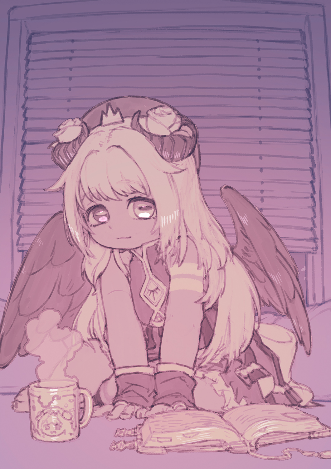 1girl amaryllis_gumi arm_support arm_warmers book closed_mouth cup demon_girl demon_horns dress feral_lemma flower full_body hair_flower hair_ornament heterochromia highres horizontal_pupils horns hot_drink indoors leaning_forward long_hair looking_at_viewer monochrome mug open_book purple_theme rose short_dress sitting smile solo steam v_arms vest virtual_youtuber wariza window_blinds wings yotsutsuji_mayoi