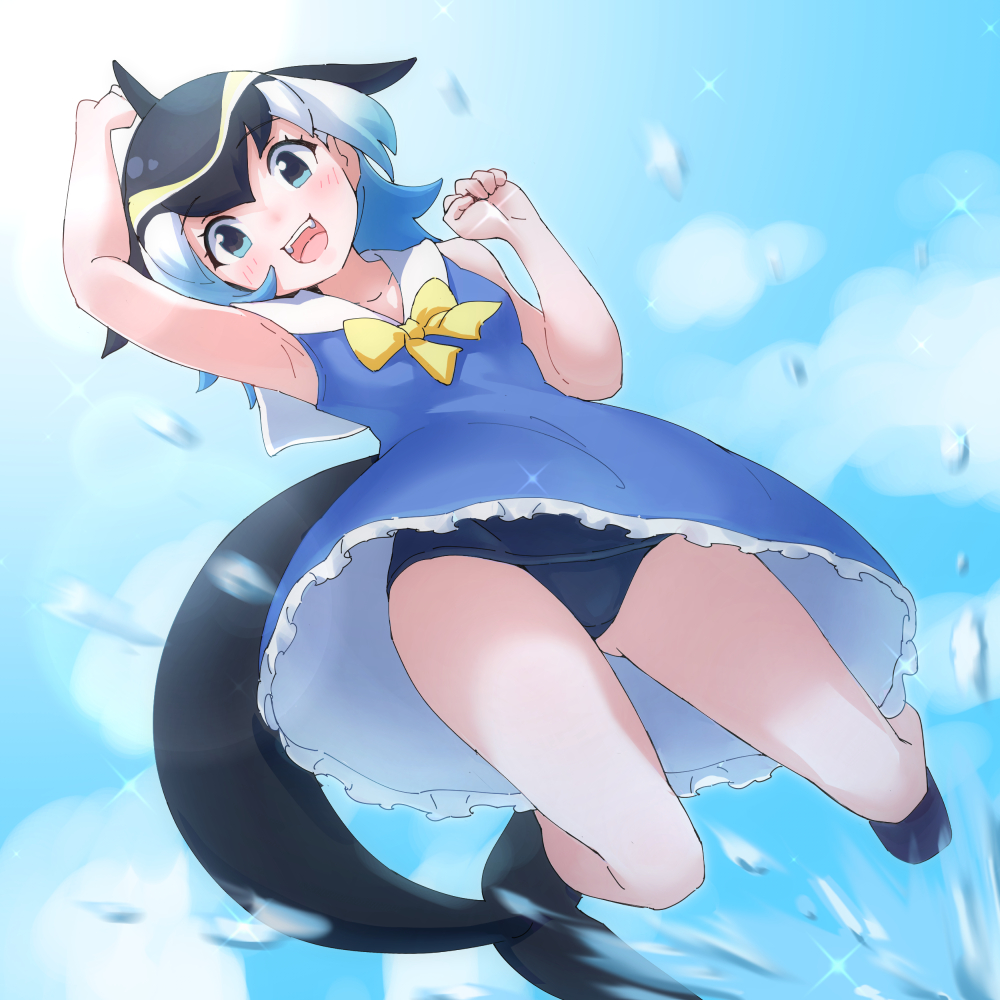 animal_ears black_hair blonde_hair blowhole blue_eyes blue_hair blush bow bowtie cetacean_tail common_dolphin_(kemono_friends) dolphin_girl dorsal_fin dress fins fish_tail grey_hair head_fins kemono_friends kemono_friends_3 lowlandgorilla multicolored_hair one-piece_swimsuit open_mouth sailor_collar shirt short_hair sleeveless smile swimsuit swimsuit_under_clothes tail upskirt white_hair yellow_bow yellow_bowtie