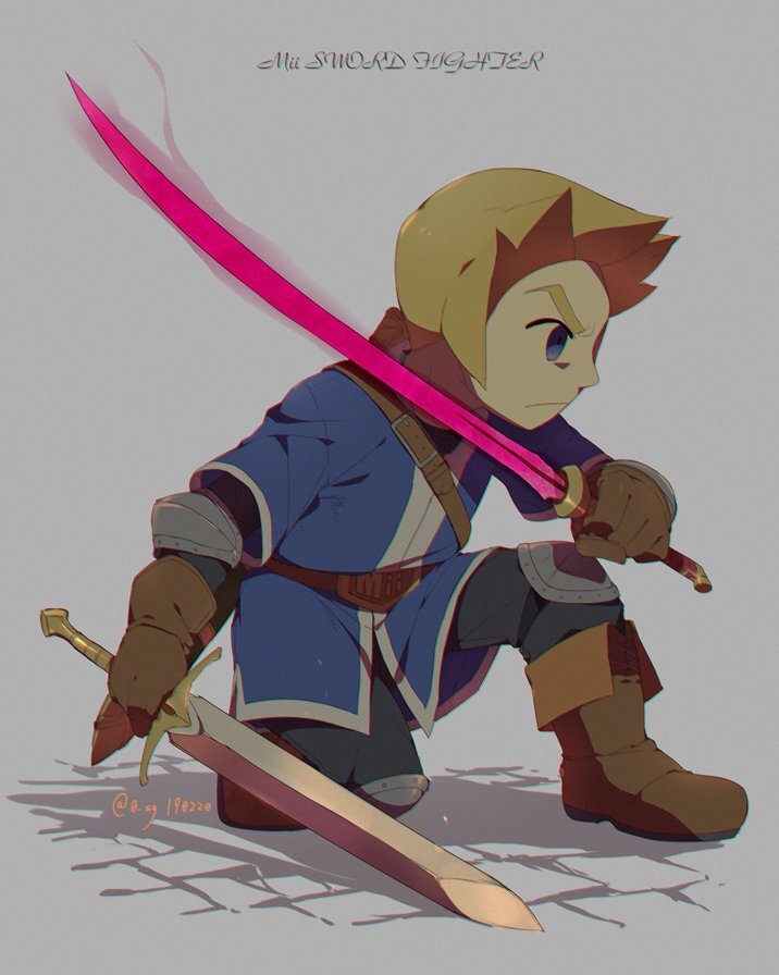 1boy angry armor belt blonde_hair blue_eyes blue_tunic boots brown_boots brown_gloves bruise character_name closed_mouth dual_wielding gloves holding holding_sword holding_weapon injury knee_pads layered_clothes male_focus mii_(nintendo) mii_swordfighter mii_swordfighter_(smash_ultimate) nintendo on_one_knee protected_link sg_(suuchan) short_hair simple_background solo solo_focus super_smash_bros. sword tunic twitter_username weapon