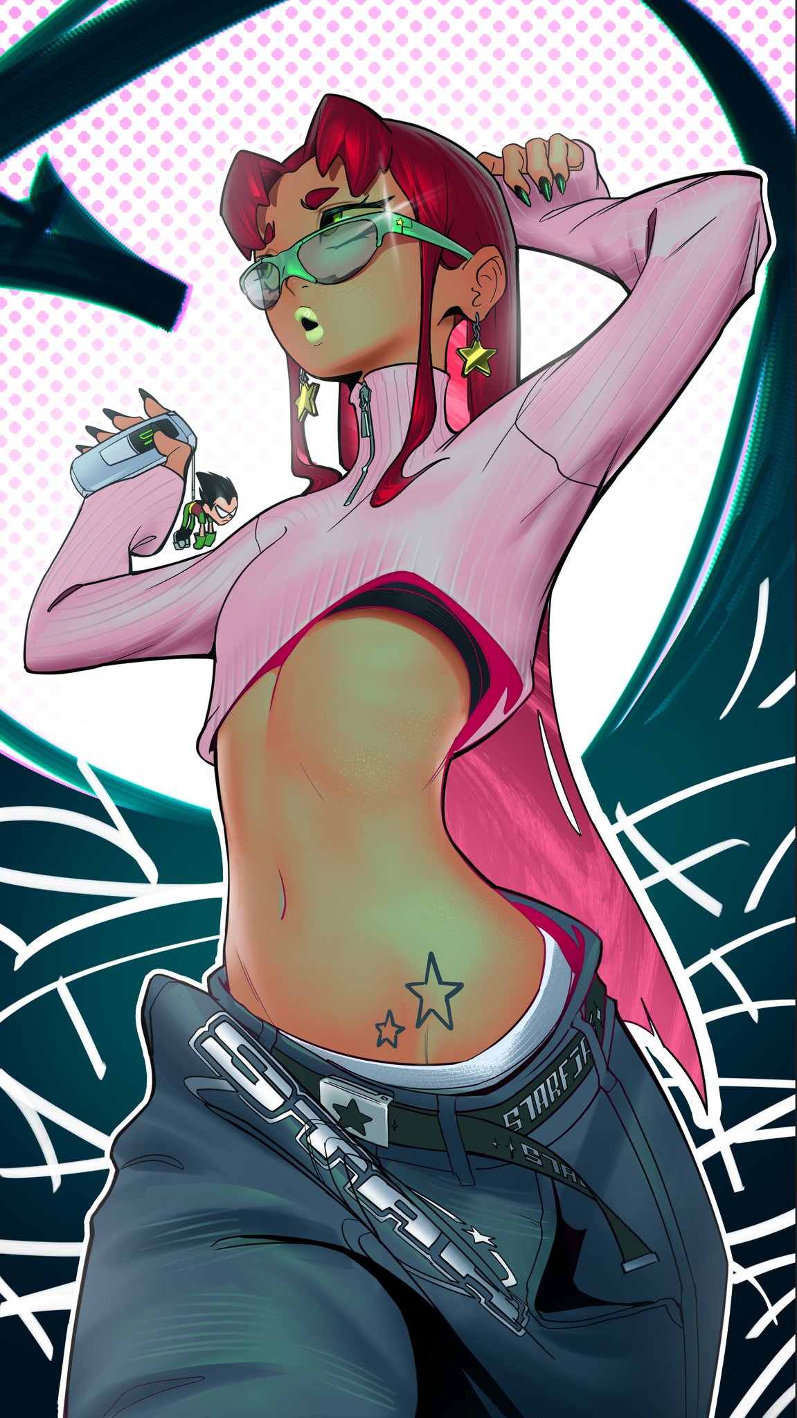 1girl belt character_charm charm_(object) dark-skinned_female dark_skin dc_comics denim dick_grayson earrings highres jeans jewelry lipstick makeup maniwarren outside_border pants phone red_hair robin_(dc) star_(symbol) star_earrings starfire sunglasses teen_titans teen_titans_(tv_series) turtleneck y2k_fashion zipper