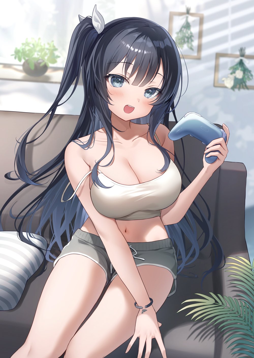 1girl :d black_hair blue_eyes breasts camisole cleavage commentary_request controller couch feet_out_of_frame game_controller grey_shorts gyozanuko hair_between_eyes hair_ribbon hand_up highres holding large_breasts long_hair looking_at_viewer navel on_couch one_side_up open_mouth original ribbon short_shorts shorts sitting smile solo strap_slip striped_pillow teeth upper_teeth_only very_long_hair white_camisole white_ribbon
