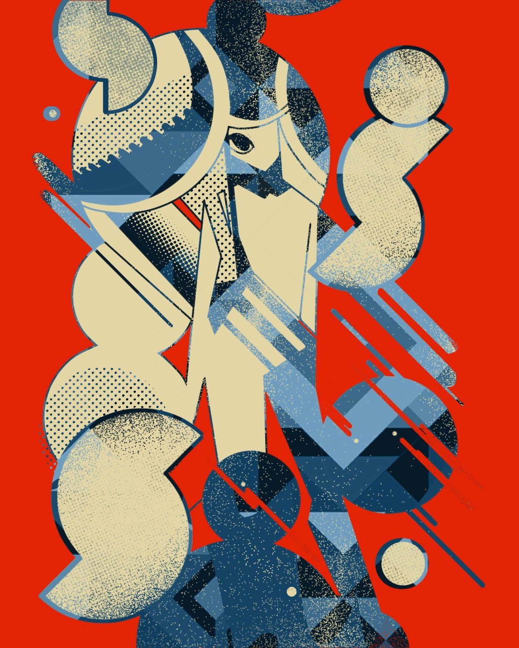 1girl abstract arms_at_sides circle greek_commentary halftone highres limited_palette looking_at_viewer machigami_yoh original red_background solo standing