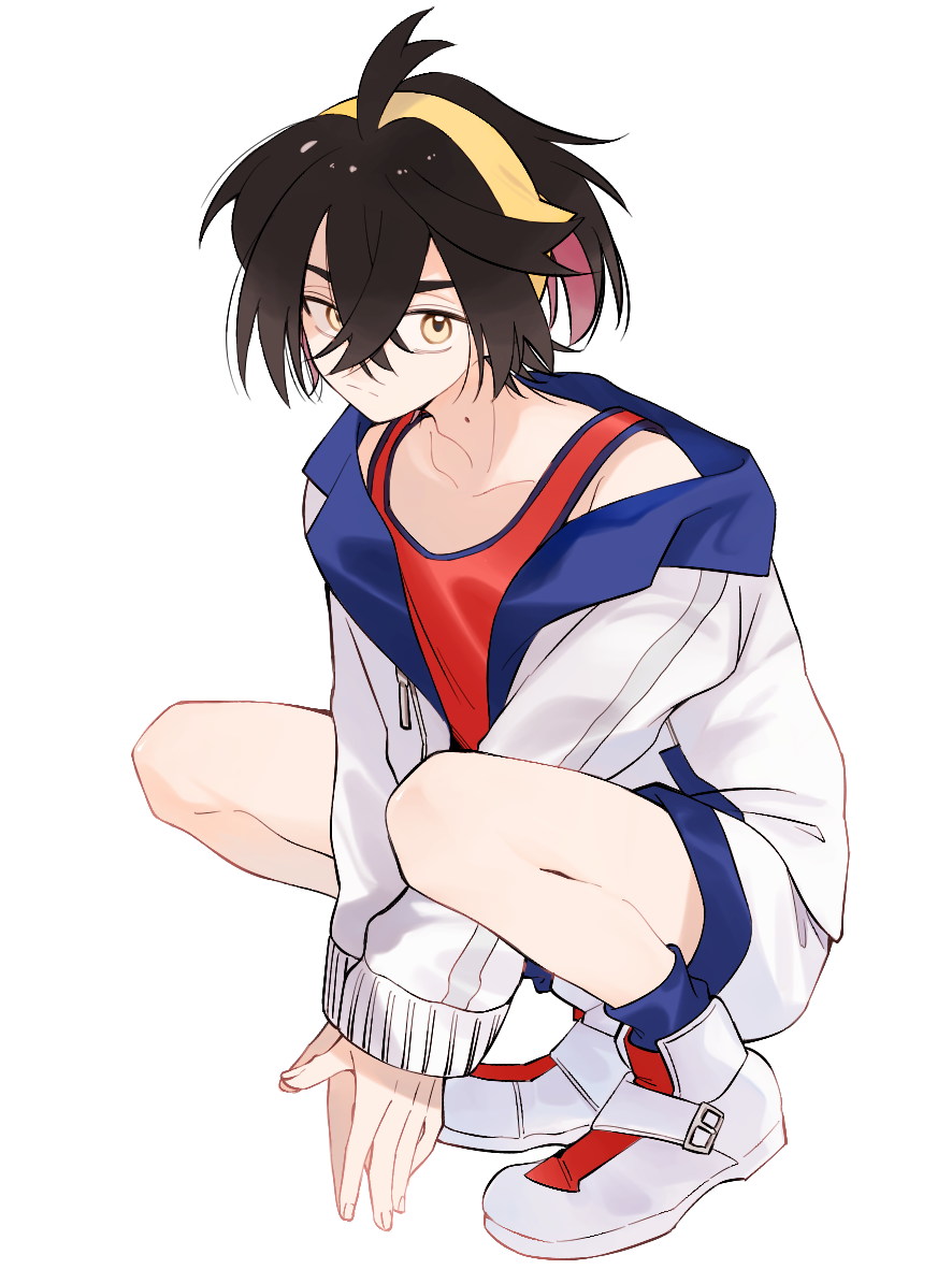 1boy black_hair blue_socks closed_mouth colored_inner_hair commentary_request crossed_bangs full_body hair_between_eyes hairband hei_tai_(kyaputen1) jacket kieran_(pokemon) long_sleeves looking_to_the_side male_focus mole mole_on_neck multicolored_hair nintendo own_hands_together pokemon pokemon_sv red_shirt shirt shoes shorts simple_background sleeveless sleeveless_shirt socks solo squatting white_background white_jacket white_shoes white_shorts yellow_hairband