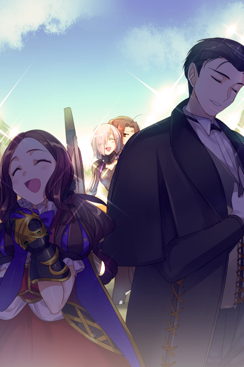 1boy 3girls black_bow black_coat black_hair black_pants blue_gloves blush bow breasts brown_dress brown_eyes brown_hair closed_eyes coat dress echo_(circa) elbow_gloves facial_mark fate/grand_order fate_(series) forehead forehead_mark gauntlets gloves grey_vest hair_bow hair_over_one_eye hair_slicked_back leonardo_da_vinci_(fate) leonardo_da_vinci_(fate/grand_order) leonardo_da_vinci_(rider)_(fate) leonardo_da_vinci_(rider)_(first_ascension)_(fate) long_hair long_sleeves mash_kyrielight mash_kyrielight_(ortenaus) multiple_girls nezha_(fate) novum_chaldea open_mouth outdoors pants parted_bangs pink_hair ponytail puff_and_slash_sleeves puffy_short_sleeves puffy_sleeves red_skirt sherlock_holmes_(fate) shield short_hair short_sleeves short_twintails single_gauntlet skirt small_breasts smile twintails vest white_gloves