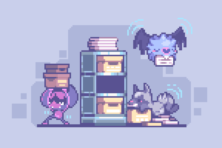 animal_focus bat_(animal) book book_stack cabinet closed_eyes commentary english_commentary file_cabinet gen_3_pokemon gen_5_pokemon gen_8_pokemon grey_background impidimp nintendo no_humans pixel_art pokemon pokemon_(creature) poochyena robin_(pixelated_robin) wings woobat