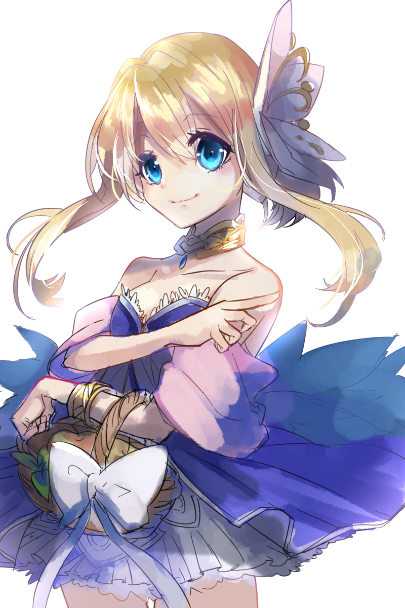 1girl bag bare_shoulders blonde_hair blue_dress blue_eyes dress emil_chronicle_online hair_ornament highres kemogon le_fay_lore ribbon smile white_background white_ribbon