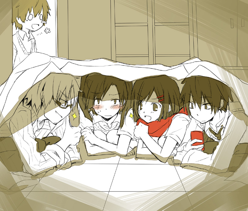 2girls 3boys :d :| blank_eyes blanket blunt_ends blush blush_stickers cardigan cellphone clenched_hand closed_mouth collared_shirt cupboard doorway dot_nose double-parted_bangs enomoto_takane enpera facial_hair father_and_daughter flower_symbol frown glasses hair_between_eyes hair_ornament hairclip holding holding_phone indoors kagerou_project kisaragi_shintarou kokonose_haruka long_sleeves looking_at_another looking_at_viewer looking_to_the_side loose_necktie mature_male mochitsuki_(hazakura84) mole mole_under_eye monochrome multiple_boys multiple_girls necktie o_o on_floor open_collar open_mouth pants phone pinstripe_pattern pinstripe_shirt rectangular_eyewear red_scarf scarf school_uniform semi-rimless_eyewear shirt short_hair short_sleeves sideways_mouth three-quarter_sleeves sleeves_rolled_up smartphone smile spot_color striped stubble swept_bangs tateyama_ayano tateyama_kenjirou thumbs_up tile_floor tiles twintails under-rim_eyewear under_covers upper_body v-neck