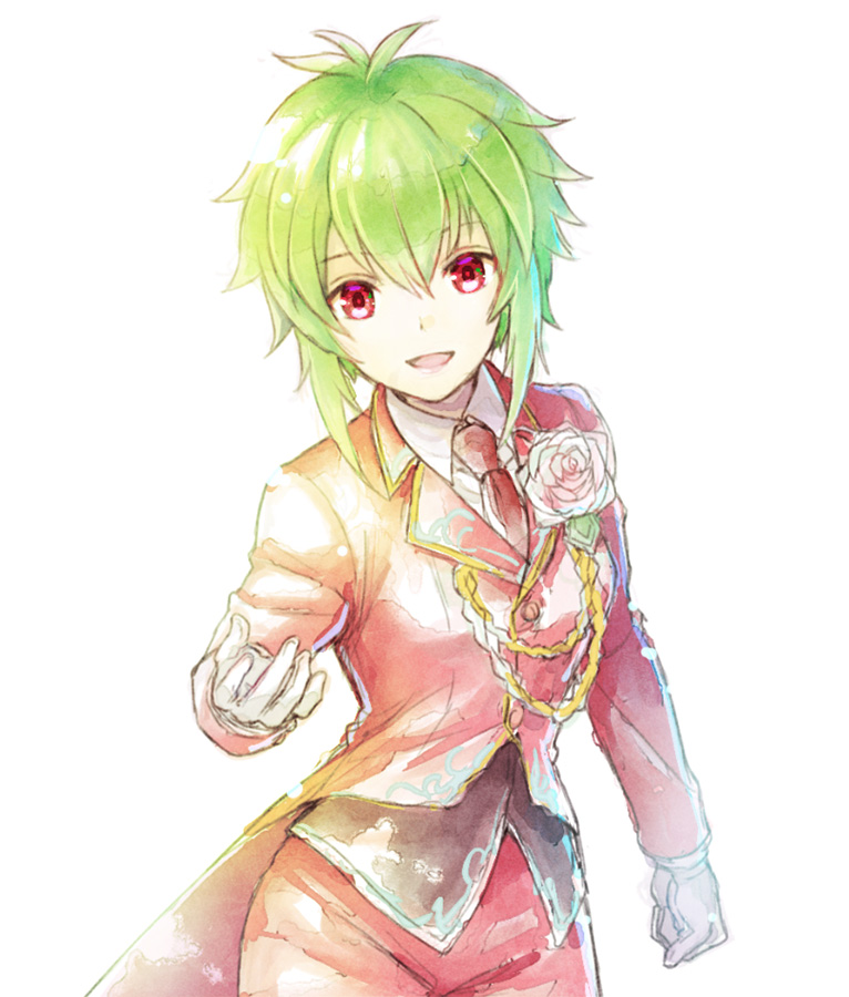 1girl androgynous asellus_(saga_frontier) boutonniere flower formal_clothes gloves green_hair jacket lapels looking_at_viewer no_s open_mouth red_eyes red_jacket rose saga saga_frontier short_hair simple_background smile solo white_background white_gloves
