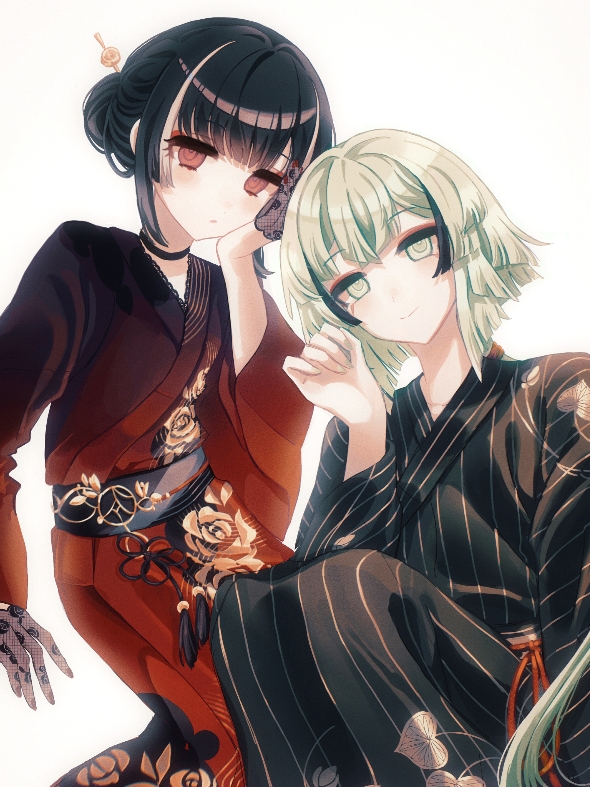 2boys black_choker black_hair black_kimono black_sash blonde_hair choker closed_mouth gradient_clothes gradient_kimono grey_hair hair_bun hair_ornament hairpin hand_on_own_face hand_up hankaku_sato hyuuga_masamune japanese_clothes kimono kyogoku_masamune long_sleeves looking_at_viewer multicolored_hair multiple_boys obi pinstripe_kimono pinstripe_pattern red_kimono sash short_hair sidelocks simple_background single_hair_bun smile squatting streaked_hair touken_ranbu white_background wide_sleeves