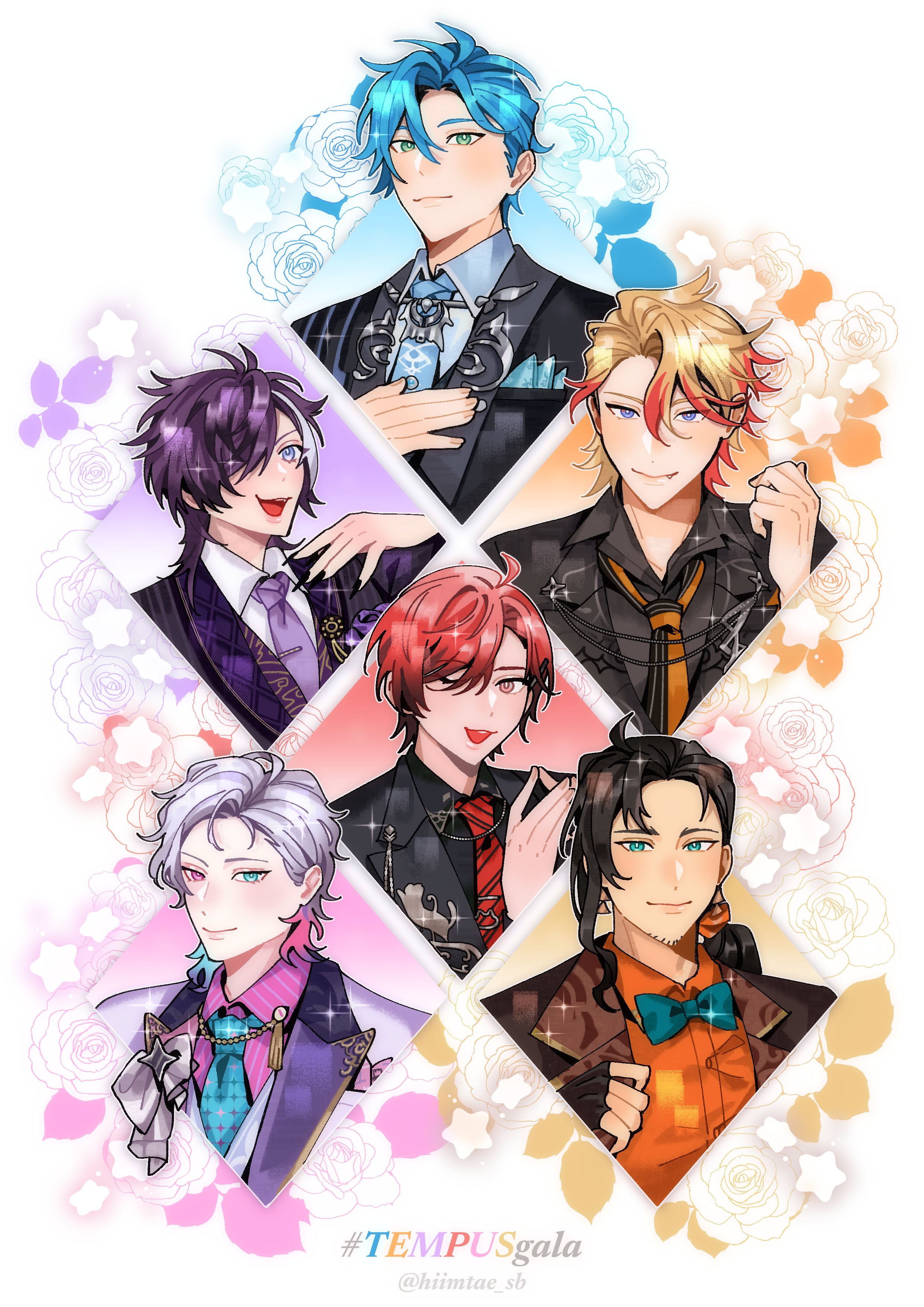 6+boys absurdres aqua_bow aqua_bowtie axel_syrios banzoin_hakka beard_stubble black_hair black_jacket black_nails black_shirt blonde_hair blue_eyes blue_necktie bow bowtie collar_chain_(jewelry) collared_shirt colored_lapels diagonal-striped_clothes diagonal-striped_necktie diamond_(shape) facial_hair fang fingerless_gloves fingernails floral_background flower formal_clothes gavis_bettel gloves green_eyes hair_over_one_eye hand_on_own_chest handkerchief heterochromia highres hiimtae_sb holostars holostars_english holotempus jacket josuiji_shinri lapel_chain lapel_pin lapels machina_x_flayon male_focus multicolored_hair multiple_boys nail_polish necktie official_alternate_costume one_eye_closed open_mouth orange_shirt pink_eyes pink_hair pink_shirt pinstripe_pattern pinstripe_shirt portrait purple_hair purple_necktie red_hair red_necktie red_streaks regis_altare rose sharp_fingernails shawl_lapels shirt smile sparkle_print star_(symbol) streaked_hair striped_clothes striped_necktie stubble suit tie_clip virtual_youtuber white_hair white_shirt