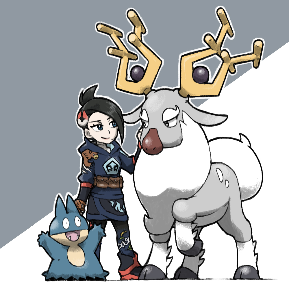 1girl :d antlers arms_up black_footwear black_hair blacknirrow blue_eyes blue_pants blue_shirt closed_mouth eyelashes fangs gen_4_pokemon hand_on_another&#039;s_face hooves horns mai_(pokemon) munchlax nintendo open_mouth outline pants pokemon pokemon_(creature) pokemon_legends:_arceus pouch shirt short_hair simple_background smile standing two-tone_background white_outline wyrdeer