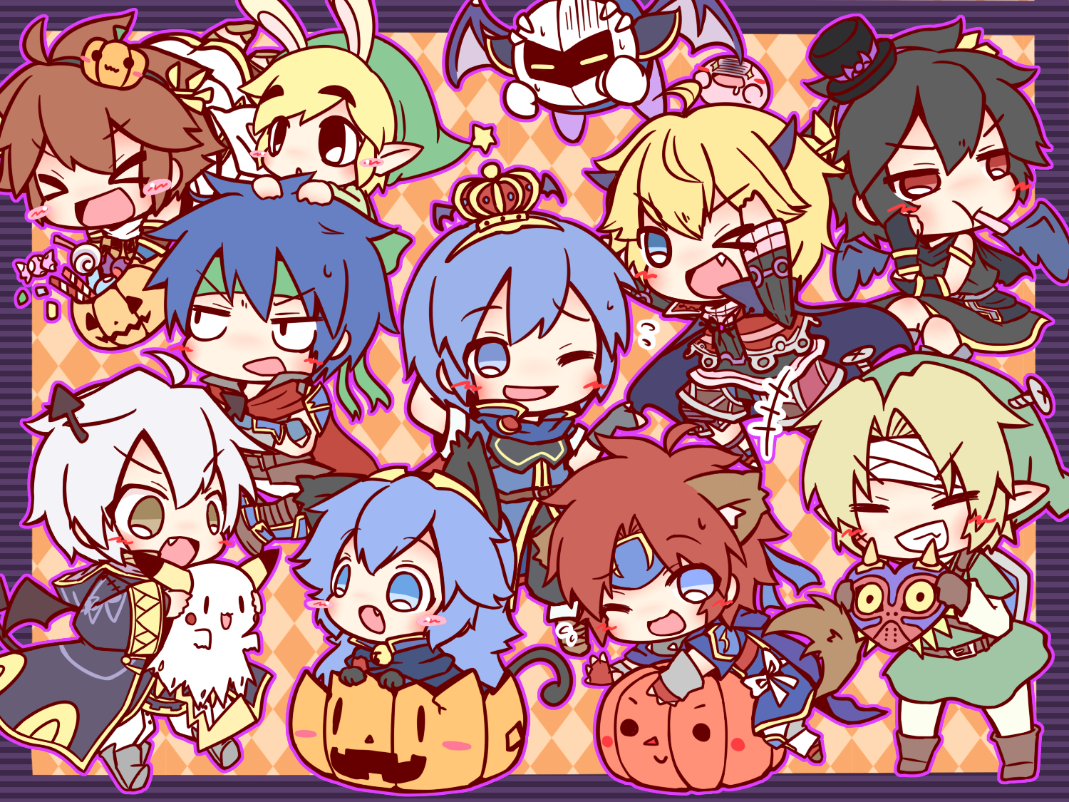 1girl animal_ears armor bandages bat_wings black_hair blonde_hair blue_eyes blue_hair blush brown_hair cape cat_ears cat_tail closed_eyes crown dark_pit fire_emblem fire_emblem:_mystery_of_the_emblem fire_emblem:_radiant_dawn fire_emblem:_the_binding_blade fire_emblem_awakening gen_1_pokemon halloween hat hood ike_(fire_emblem) kid_icarus kid_icarus_uprising kirby kirby_(series) link long_hair lucina_(fire_emblem) male_robin_(fire_emblem) marth_(fire_emblem) mask meta_knight multiple_boys nintendo pikachu pokemon pokemon_(creature) pumpkin rabbit_ears red_hair ritateo roy_(fire_emblem) shield shield_on_back short_hair shulk_(xenoblade) smile super_smash_bros. tail the_legend_of_zelda the_legend_of_zelda:_majora's_mask the_legend_of_zelda:_the_wind_waker the_legend_of_zelda:_twilight_princess toon_link weapon white_hair wings xenoblade_chronicles_(series) xenoblade_chronicles_1