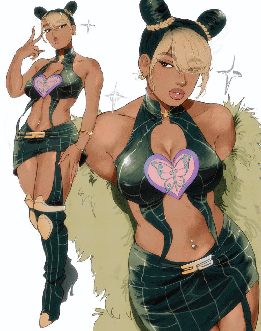 1girl arms_behind_back black_eyes breasts cleavage cosplay dark-skinned_female dark_skin double_bun earrings full_body giganticbuddha gold_earrings green_hair green_skirt hair_bun highres jewelry jojo_no_kimyou_na_bouken kujo_jolyne_(cosplay) kuujou_jolyne large_breasts megan_thee_stallion miniskirt multiple_views parted_lips piercing real_life simple_background skirt solo solo_focus sparkle standing stone_ocean white_background