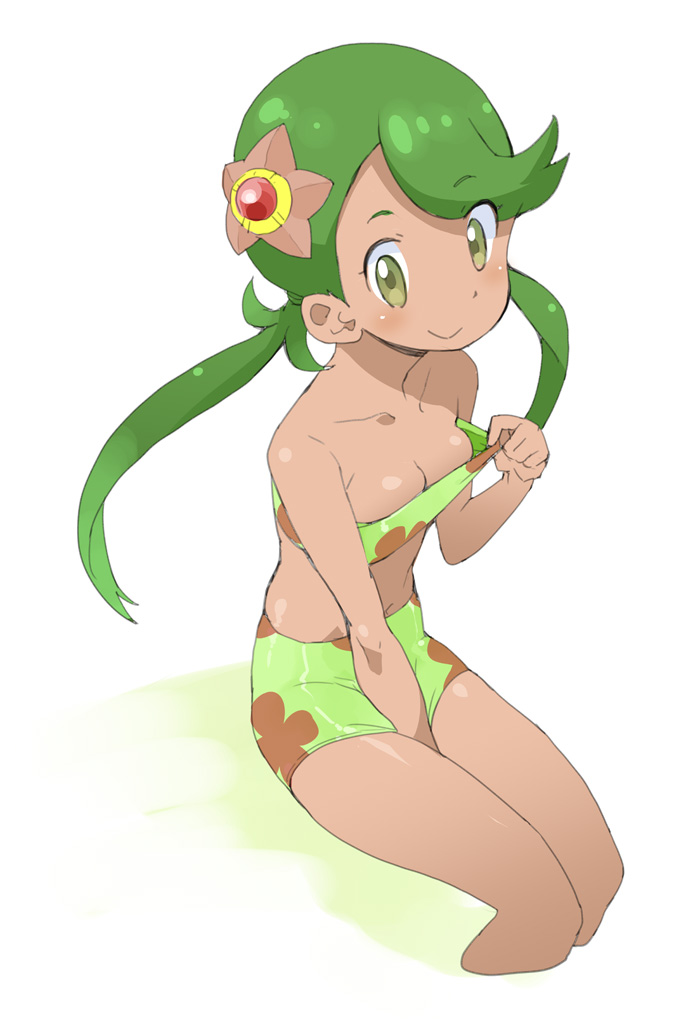 1girl :&gt; bare_legs bare_shoulders between_legs bikini blush bra bra_pull breasts cleavage closed_mouth clothes_pull commentary_request dark-skinned_female dark_skin female_focus floral_print gen_1_pokemon green_bikini green_eyes green_hair hair_ornament hand_between_legs legs legs_together long_hair looking_at_viewer mallow_(pokemon) navel nintendo ookamiuo pokemon pokemon_(anime) pokemon_(creature) pokemon_sm_(anime) simple_background sitting small_breasts smile solo staryu stomach strapless swept_bangs swimsuit trial_captain tube_top twintails underwear white_background