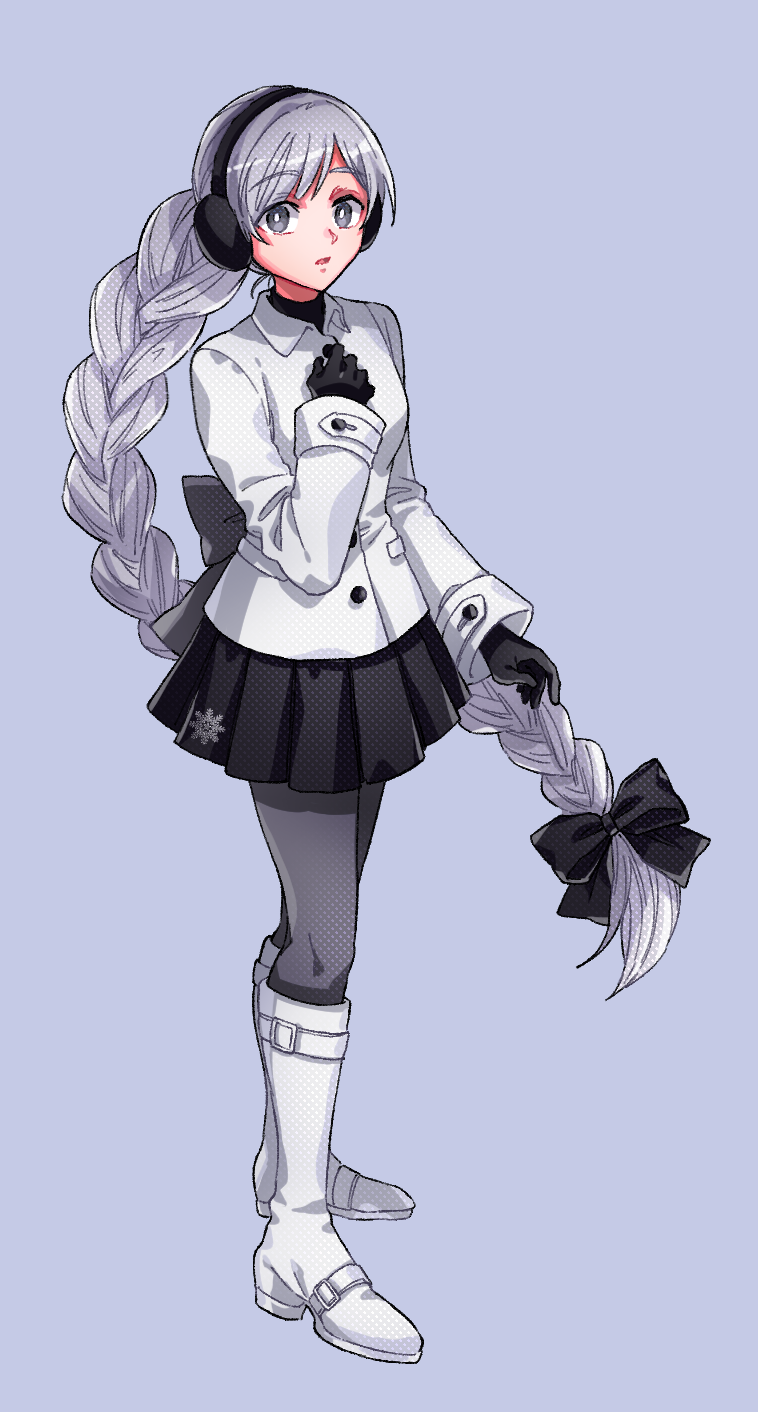 1girl arm_at_side black_gloves black_pantyhose black_shirt boots braid braided_ponytail breasts buttons emergency_exi10 full_body gloves grey_background grey_hair hand_up headphones highres jacket knee_boots long_hair long_sleeves open_mouth pantyhose parted_bangs pleated_skirt push-button sekka_yufu shirt simple_background skirt small_breasts solo standing three-quarter_sleeves utau very_long_hair white_boots white_jacket