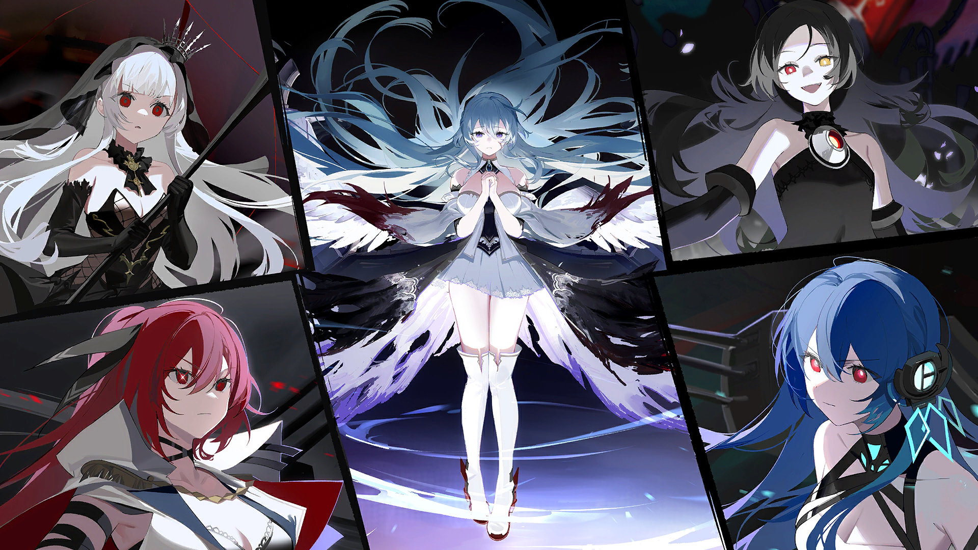 angel_wings arbiter_the_devil_xv_(azur_lane) azur_lane bare_shoulders black_dress black_gloves black_wings blue_eyes blue_hair boots braid breasts burnt_clothes cape chain cleavage closed_mouth crown detached_sleeves dress feathered_wings floating floating_hair full_body gloves hair_between_eyes hair_ornament hands_up helena_(meta)_(azur_lane) heterochromia high_heel_boots high_heels highres large_breasts oversized_wings long_hair military_vehicle miniskirt multiple_girls multiple_wings non-web_source official_art own_hands_clasped own_hands_together pale_skin pleated_skirt queen_elizabeth_(meta)_(azur_lane) red_eyes red_footwear red_hair ribbon rigging rodney_(azur_lane) rodney_(meta)_(azur_lane) serious ship ship_turret shoes siren_(azur_lane) skirt smile standing strapless strapless_dress thigh_boots thighhighs torn_clothes very_long_hair warship watercraft white_footwear white_hair white_skirt wichita_(azur_lane) wichita_(meta)_(azur_lane) wide_shot wings zettai_ryouiki