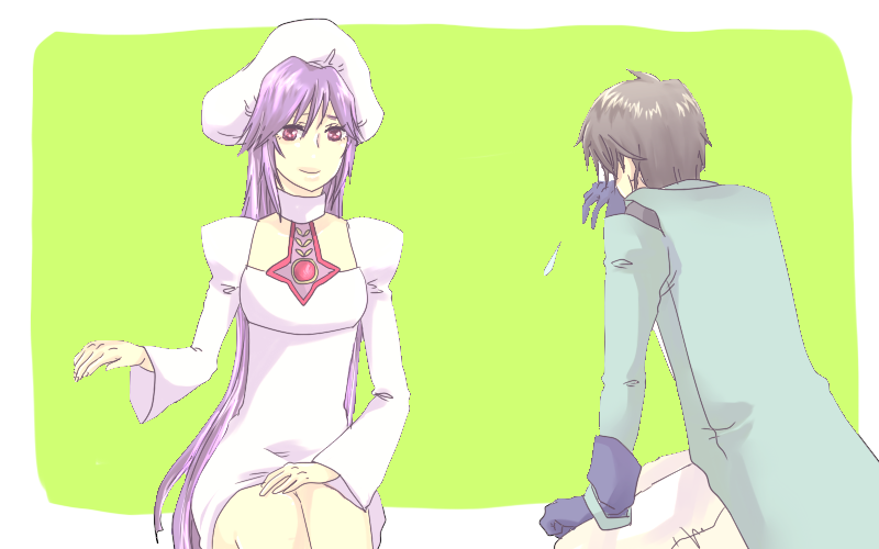 1boy 1girl atwight_eks black_hair border breasts choker coat dress gloves green_background hat long_hair outside_border pants pierre_de_chaltier purple_eyes purple_hair short_hair simple_background sitting skirt smile tales_of_(series) tales_of_destiny tales_of_destiny_2 very_long_hair white_border white_dress