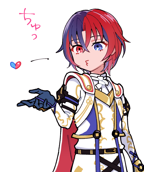 1boy alear_(fire_emblem) alear_(male)_(fire_emblem) blowing_kiss blue_eyes blue_gloves blue_hair crossed_bangs fire_emblem fire_emblem_engage gloves heterochromia kszm_fe multicolored_hair nintendo red_eyes red_hair split-color_hair translation_request two-tone_hair