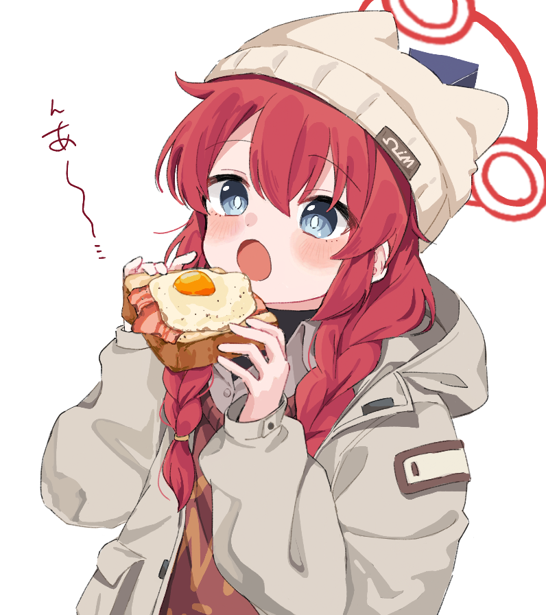 1girl :o bacon beanie blue_archive blue_eyes blush_stickers braid bread bread_slice bright_pupils coat commentary eating food fried_egg grey_coat hair_between_eyes halo hands_up hat holding holding_food hood hood_down long_hair long_sleeves maki_(blue_archive) maki_(camp)_(blue_archive) nifuji official_alternate_costume official_alternate_hairstyle open_clothes open_coat open_mouth puffy_long_sleeves puffy_sleeves red_hair red_halo simple_background toast twin_braids upper_body white_background white_pupils