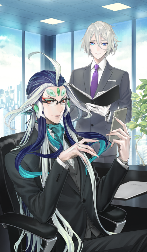 2boys androgynous aqua_ascot aqua_hair bishounen black-framed_eyewear black_hair black_jacket black_pants blue_eyes blue_hair blue_sky book building butterfly_hair_ornament cellphone chair city closed_mouth collared_shirt commentary cowlick day dress_pants eyeshadow fate/grand_order fate_(series) forehead_jewel glasses gloves green_eyeshadow grey_jacket grey_pants grey_vest hair_ornament holding holding_book holding_phone indoors jacket long_hair long_sleeves looking_at_viewer makeup male_focus multicolored_eyeshadow multicolored_hair multiple_boys necktie office_chair official_art pants parted_lips phone plant potted_plant prince_of_lan_ling_(cunning_foresight)_(fate) prince_of_lan_ling_(fate) purple_necktie red_eyes red_eyeshadow sata_(ipev) shi_huang_di_(cunning_foresight)_(fate) shi_huang_di_(fate) shirt short_hair sidelocks sitting sky skyscraper smartphone smile standing suit_jacket swivel_chair third-party_source very_long_hair vest waistcoat watch white_gloves white_hair white_shirt window wristwatch