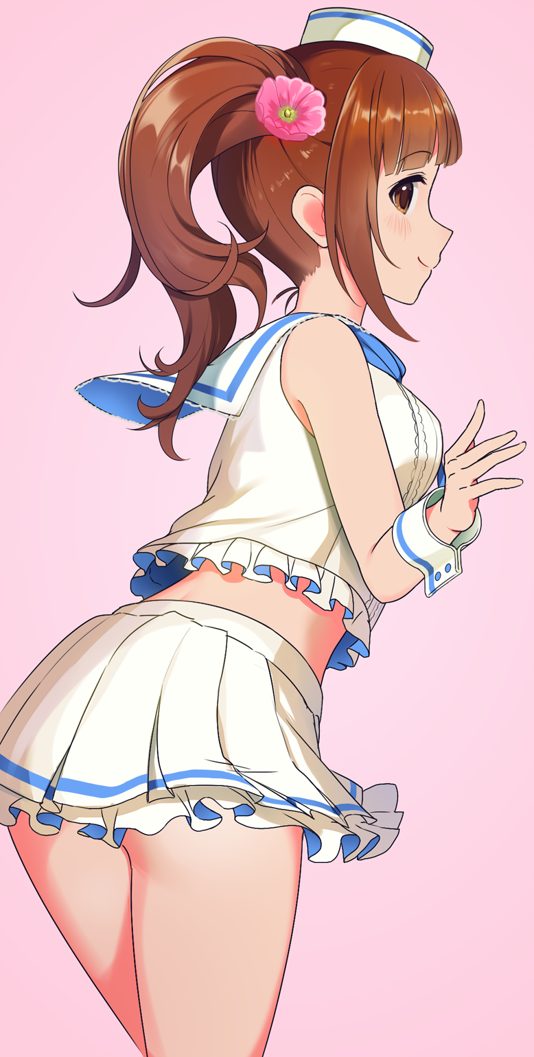 1girl bare_shoulders bow breasts brown_eyes brown_hair closed_mouth cowboy_shot crop_top cropped_shirt flower frilled_shirt frills from_behind hair_bow hair_flower hair_ornament hands_up hat highres idolmaster idolmaster_cinderella_girls idolmaster_cinderella_girls_starlight_stage igarashi_kyoko long_hair looking_at_viewer looking_back medium_breasts midriff mini_hat natsuya_(natuya777) pink_background pink_flower pleated_skirt sailor_collar shirt side_ponytail simple_background skirt sleeveless sleeveless_shirt smile solo white_hat white_sailor_collar white_shirt white_skirt white_wrist_cuffs wrist_cuffs