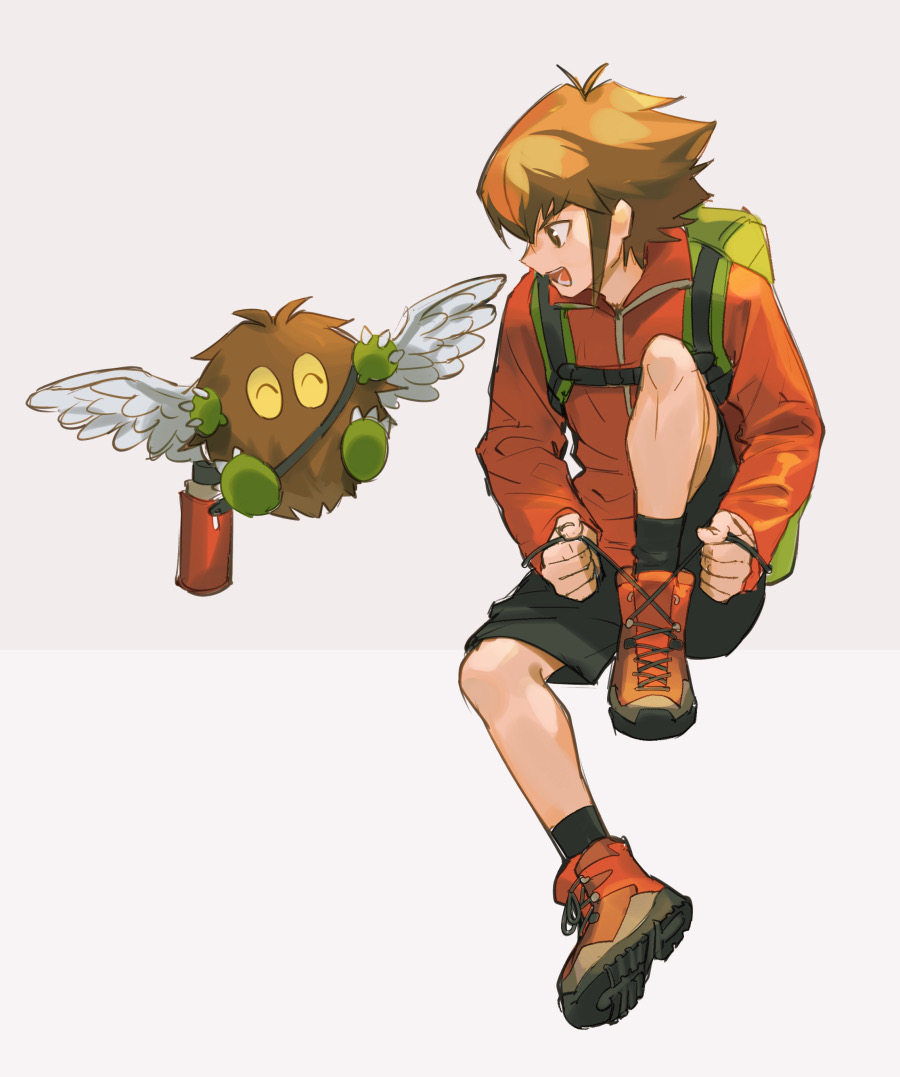 1boy aruk black_shorts black_socks bottle brown_hair claws closed_eyes duel_monster full_body green_background grey_background male_focus open_mouth orange_shirt orange_shoes shirt shoes short_hair shorts socks two-tone_background tying_footwear water_bottle winged_kuriboh yu-gi-oh! yu-gi-oh!_gx yuki_judai