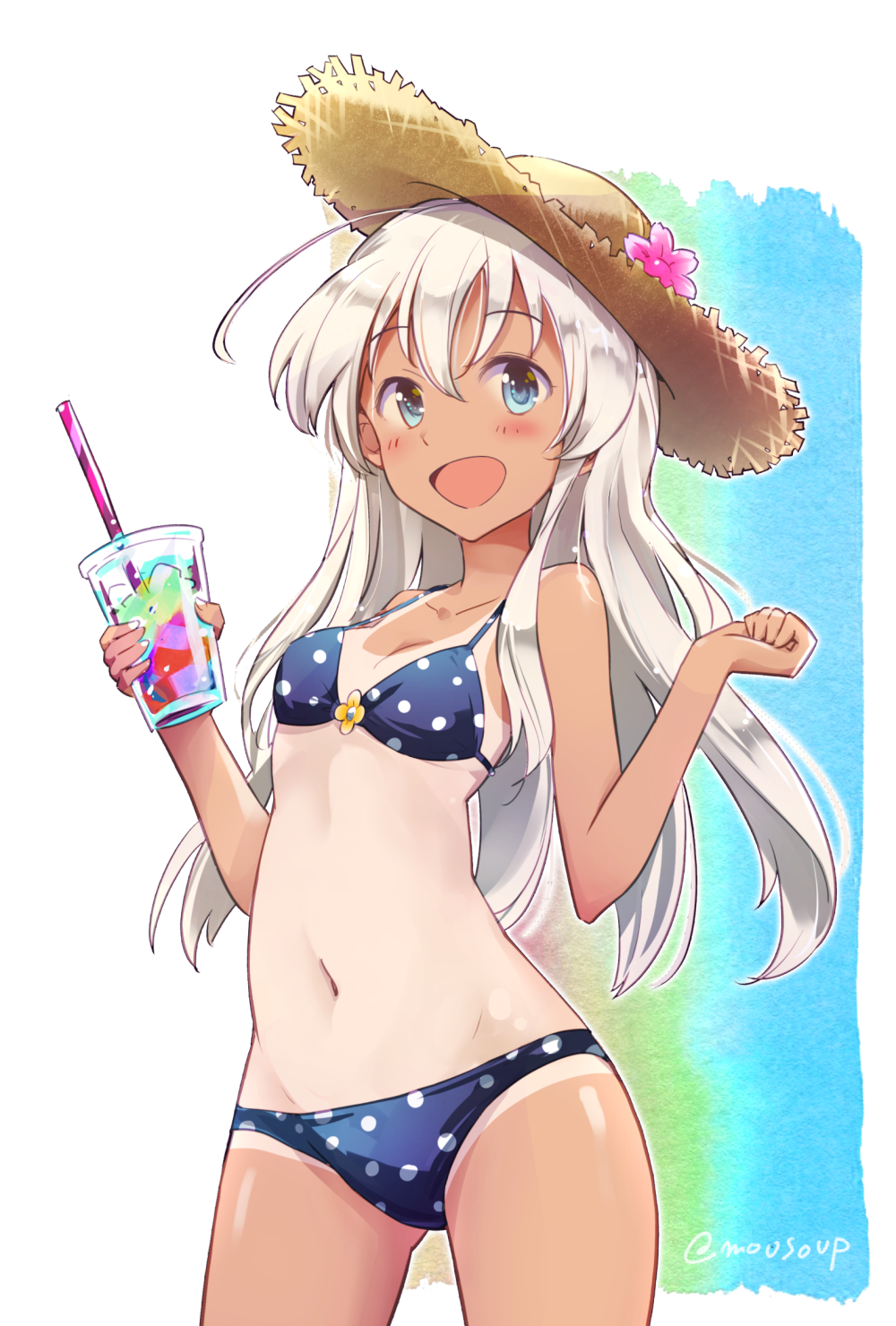 1girl ahoge bikini blue_bikini blue_eyes blush collarbone commentary_request cowboy_shot cup drinking_straw female_focus flower gluteal_fold groin_tendon hair_between_eyes hair_flower hair_ornament hat highres holding kantai_collection long_hair looking_at_viewer moupii_(hitsuji_no_ki) navel one-piece_tan open_mouth polka_dot polka_dot_bikini polka_dot_bikini_bottom polka_dot_bikini_top ro-500_(kancolle) simple_background smile solo standing straw_hat string_bikini swimsuit tan tanline white_hair