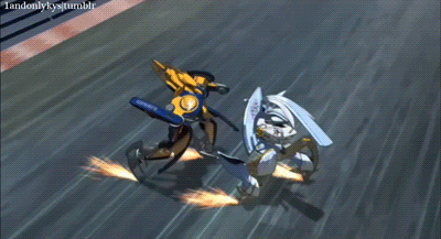 00s animated animated_gif fantine_valjean fighting igpx lowres mecha racetrack racing robot sparks takeshi_jin team_satomi team_skylark