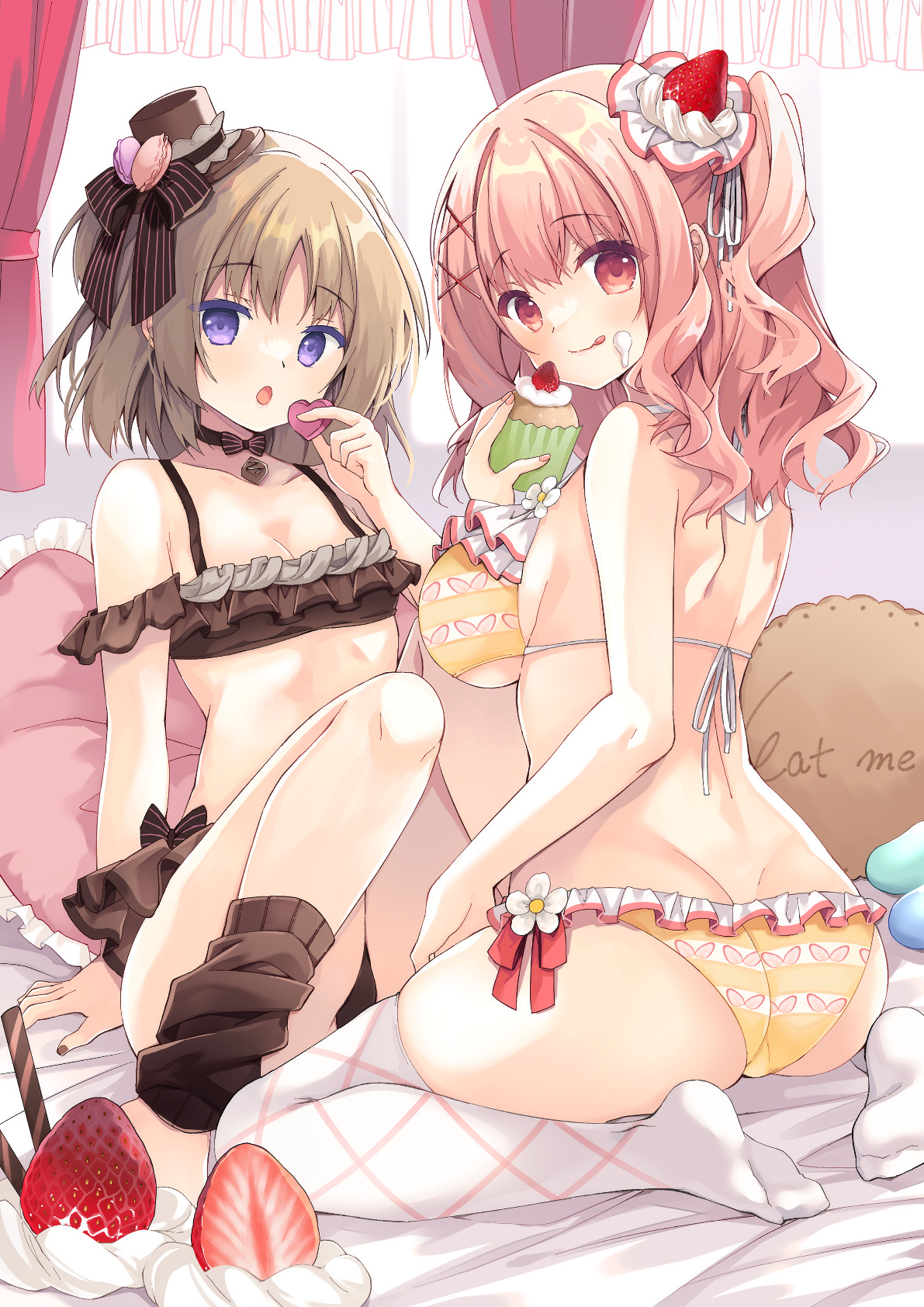 2girls :o :q arm_at_side ass back bare_shoulders bikini black_bikini black_bow black_bowtie black_choker black_hat black_nails blush bow bowtie breasts brown_hair cake choker cleavage closed_mouth collarbone cream curtains curvy english_text feet food food-themed_clothes food-themed_hair_ornament frilled_bikini frilled_pillow frills from_behind fruit full_body hair_bow hair_ornament halterneck hand_up hat heart heart_print highres holding holding_food holding_heart indoors knee_up large_breasts licking_lips long_hair looking_at_viewer looking_back medium_hair mini_hat multiple_girls nail_polish no_shoes off-shoulder_bikini off_shoulder on_bed one_side_up open_mouth original pillow pink_hair pink_nails print_bikini purinpurin purple_eyes red_eyes sitting skindentation small_breasts smile strawberry strawberry_hair_ornament swimsuit thighhighs thighs tongue tongue_out top_hat wariza wavy_hair white_thighhighs x_hair_ornament yellow_bikini