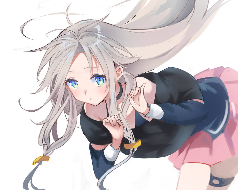 1girl andedalive bare_shoulders bent_over black_shirt blouse blue_eyes braid cevio closed_mouth commentary dot_mouth floating_hair ia_(vocaloid) long_hair looking_at_viewer miniskirt off-shoulder_shirt off_shoulder pink_skirt platinum_blonde_hair pleated_skirt shirt side_braid skirt solo thigh_strap very_long_hair vocaloid white_background