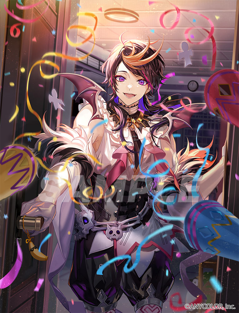 1boy :d bare_shoulders belt black_corset black_hair black_shorts blonde_hair bone charm_(object) colored_inner_hair confetti copyright_notice corset cowboy_shot demon_wings detached_sleeves door doorknob fur-trimmed_sleeves fur_trim gloves happy hitokoto indoors long_sleeves looking_at_viewer male_focus medium_hair multicolored_hair neck_ribbon nijisanji nijisanji_en official_art open_mouth opening_door out_of_frame party_popper pink_hair puffy_shorts purple_eyes purple_hair ribbon sample_watermark shikigami shirt shorts shu_yamino shu_yamino_(1st_costume) sleeveless sleeveless_shirt smile solo standing streaked_hair streamers swept_bangs virtual_youtuber watermark white_gloves white_shirt wide_sleeves winged_clothes wings