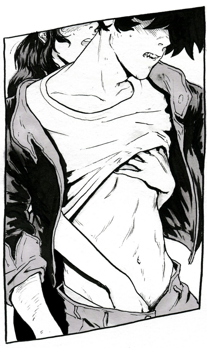 1boy 1girl clothes_lift hand_in_pants hand_on_another&#039;s_chest hand_on_another&#039;s_face hetero highres jacket monochrome open_clothes open_jacket penis_grab rvsa shirt_lift