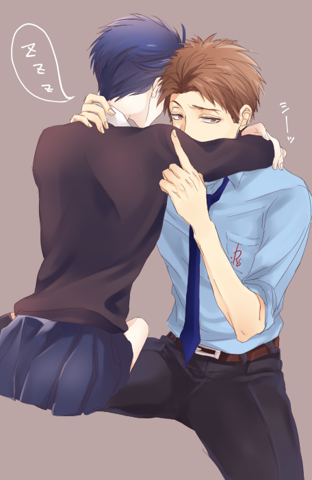 10s 1boy 1girl babo110pixiv blue_hair blue_necktie brown_eyes brown_hair gekkan_shoujo_nozaki-kun hori_masayuki kashima_yuu necktie reverse_trap school_uniform shirt short_hair sitting zzz