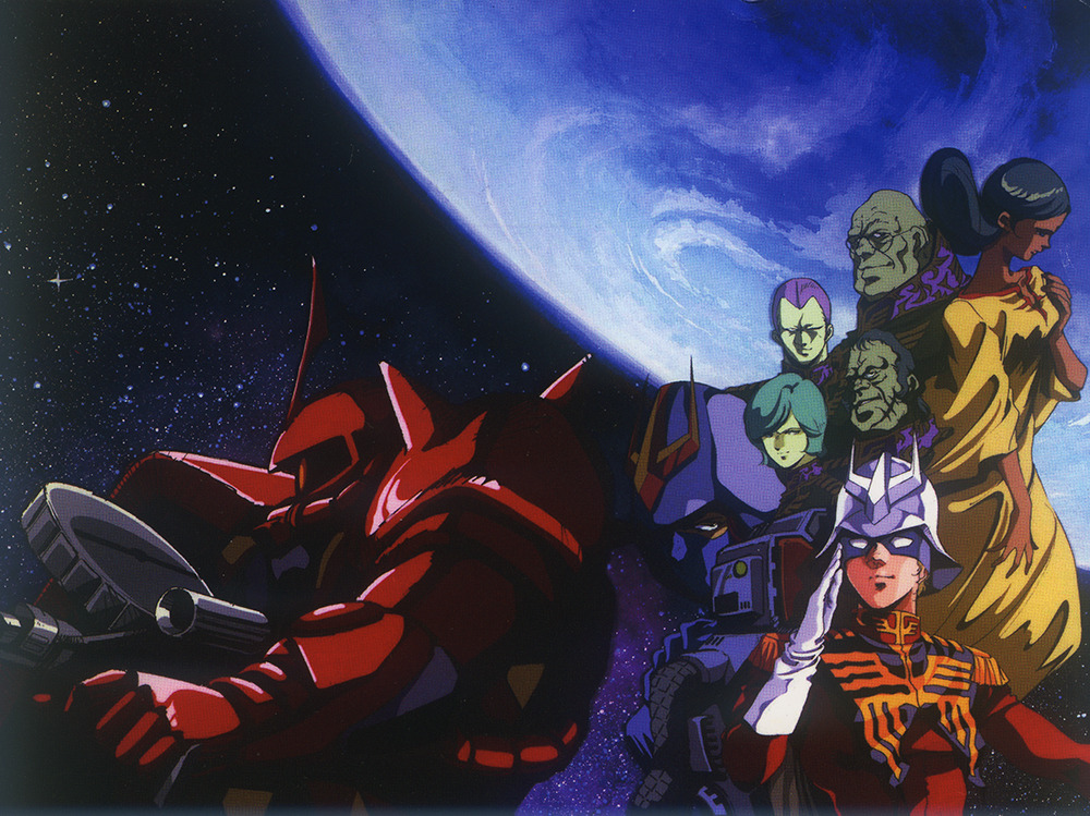 1980s_(style) 1990s_(style) 2girls 5boys cable char_aznable degwin_sodo_zabi dozle_zabi earth_(planet) eye_mask garma_zabi gihren_zabi glasses gloves gun gundam helmet kycilia_zabi lalah_sune looking_at_viewer machine_gun mask mecha mikimoto_haruhiko military_uniform mobile_suit mobile_suit_gundam mouth_mask multiple_boys multiple_girls oldschool one-eyed pilot pilot_chair planet promotional_art retro_artstyle robot salute scan science_fiction shoulder_spikes space spikes traditional_media weapon zaku_ii_s_char_custom zeon