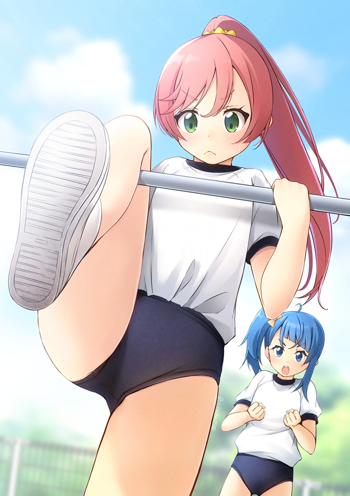 1girl bar_(place) black_buruma blue_eyes blue_hair blue_sky buruma cloud commission cut_bangs day gluteal_fold green_eyes gym_shirt gym_uniform hirogaru_sky!_precure horizontal_bar long_hair nijigaoka_mashiro outdoors pink_hair precure shibacha shirt side_ponytail skeb_commission sky solo sora_harewataru t-shirt white_shirt